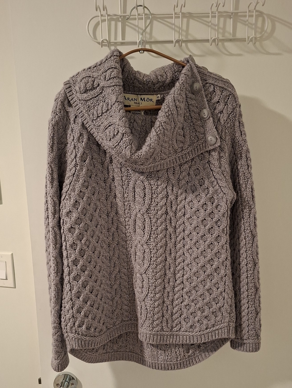 NWT Aran Mor Grey 100% Irish Merino Wool Cowl-neck Fisherman Sweater (Size S)